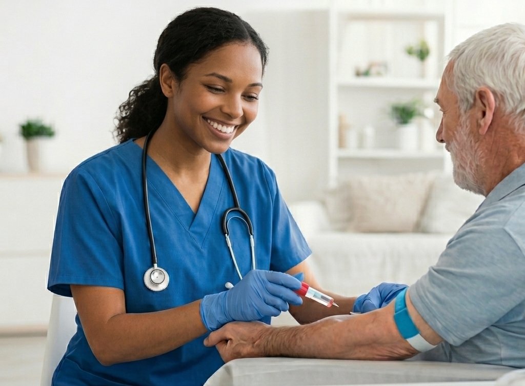 Professional phlebotomist smiling and interacting warmly with an elderly patient during prep