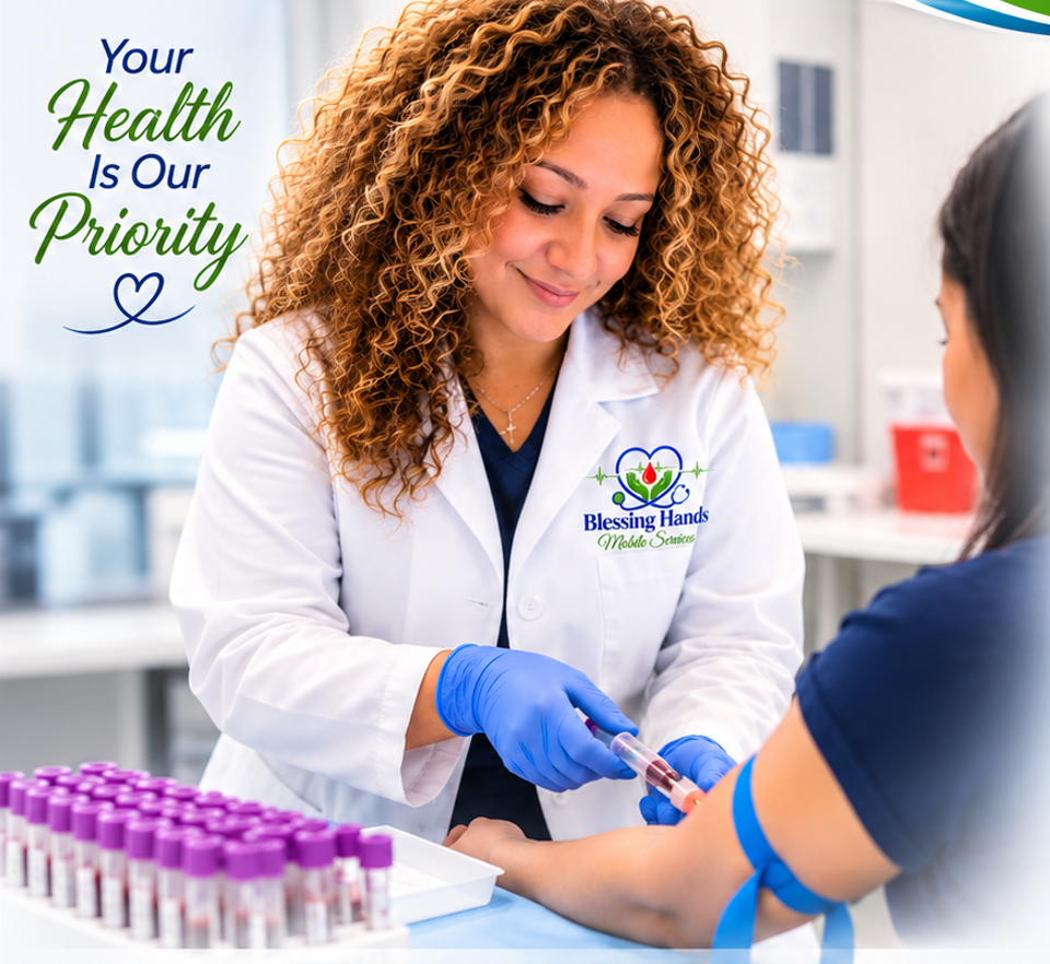 Professional phlebotomist smiling and interacting warmly with an elderly patient during prep